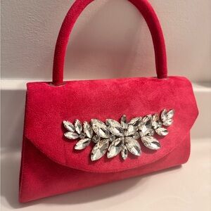 Elegant Red Suede Handbag with Crystal Embellishments